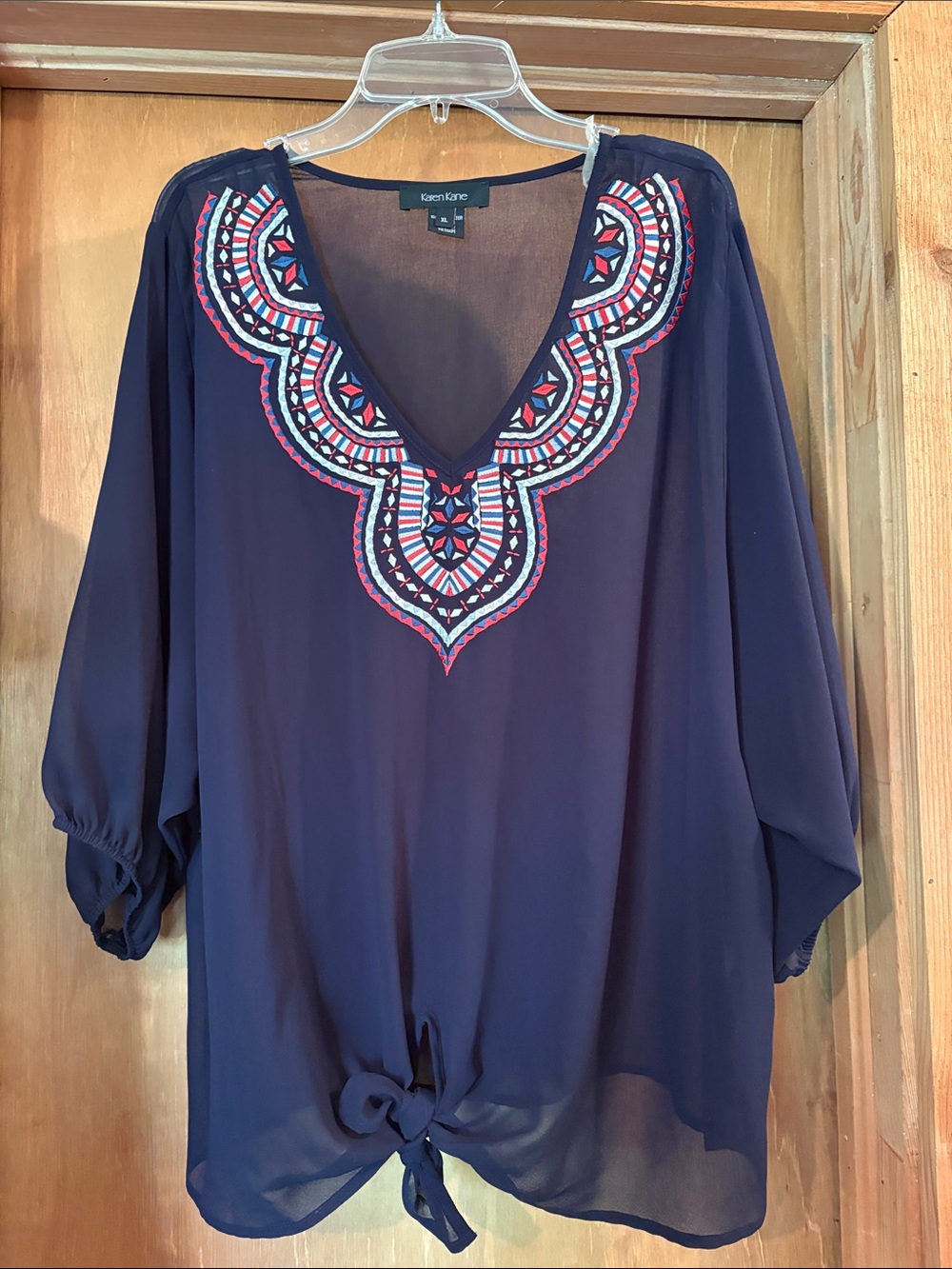 Karen Kane Navy Embroidered V-Neck Tie-Front Tunic